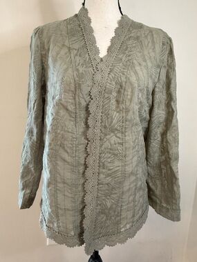 Chico’s tropical palm open cardigan army green lace SZ 2/M